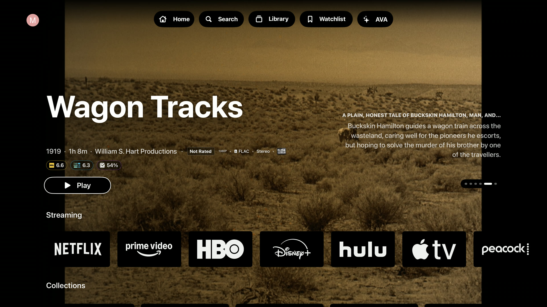 HANAplay Apple TV home screen showing the public-domain film Wagon Tracks, library navigation and collections